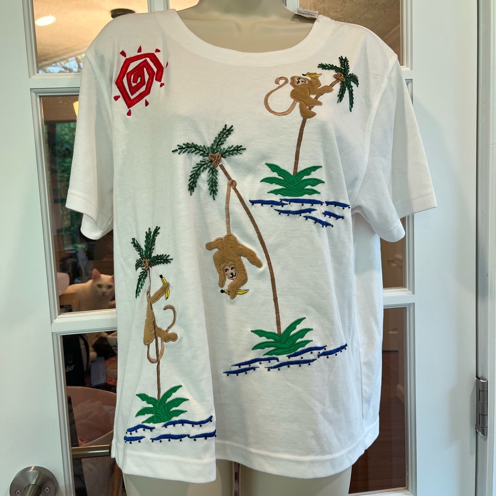 Vintage Princess Cruises NWT Monkey Palm Tree Beaded Embroidered Tee L